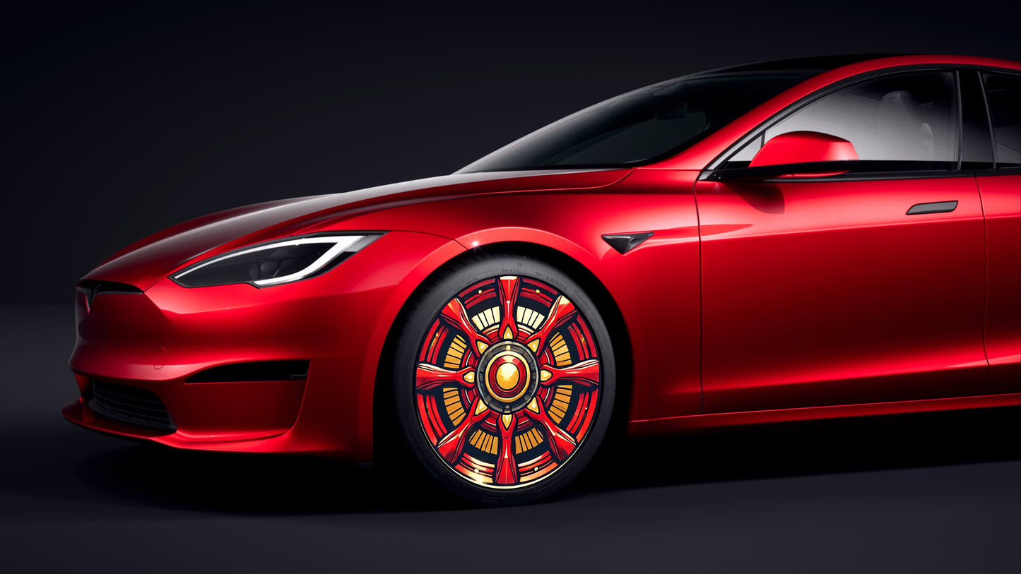 TeslaZip AeroSync Wheel Covers | Model S/3/X/Y Instant Efficiency Upgrade Iron Man comic book superhero 4pc