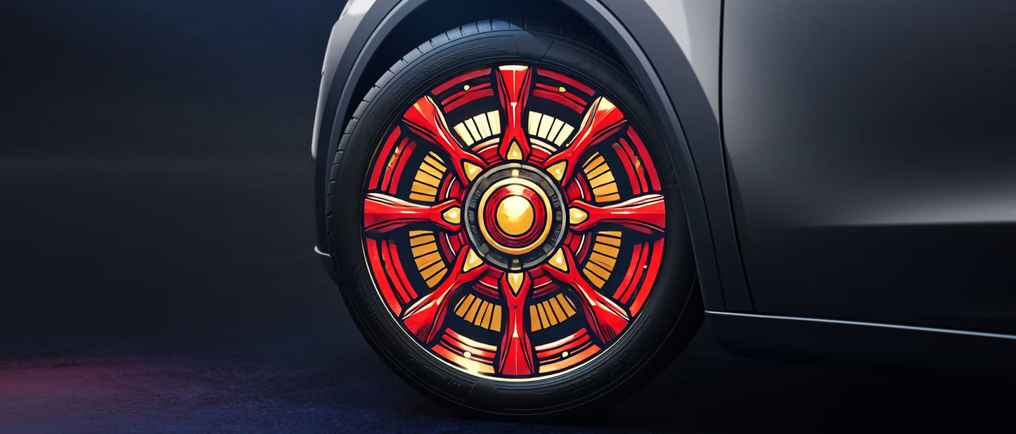 TeslaZip AeroSync Wheel Covers | Model S/3/X/Y Instant Efficiency Upgrade Iron Man comic book superhero 4pc