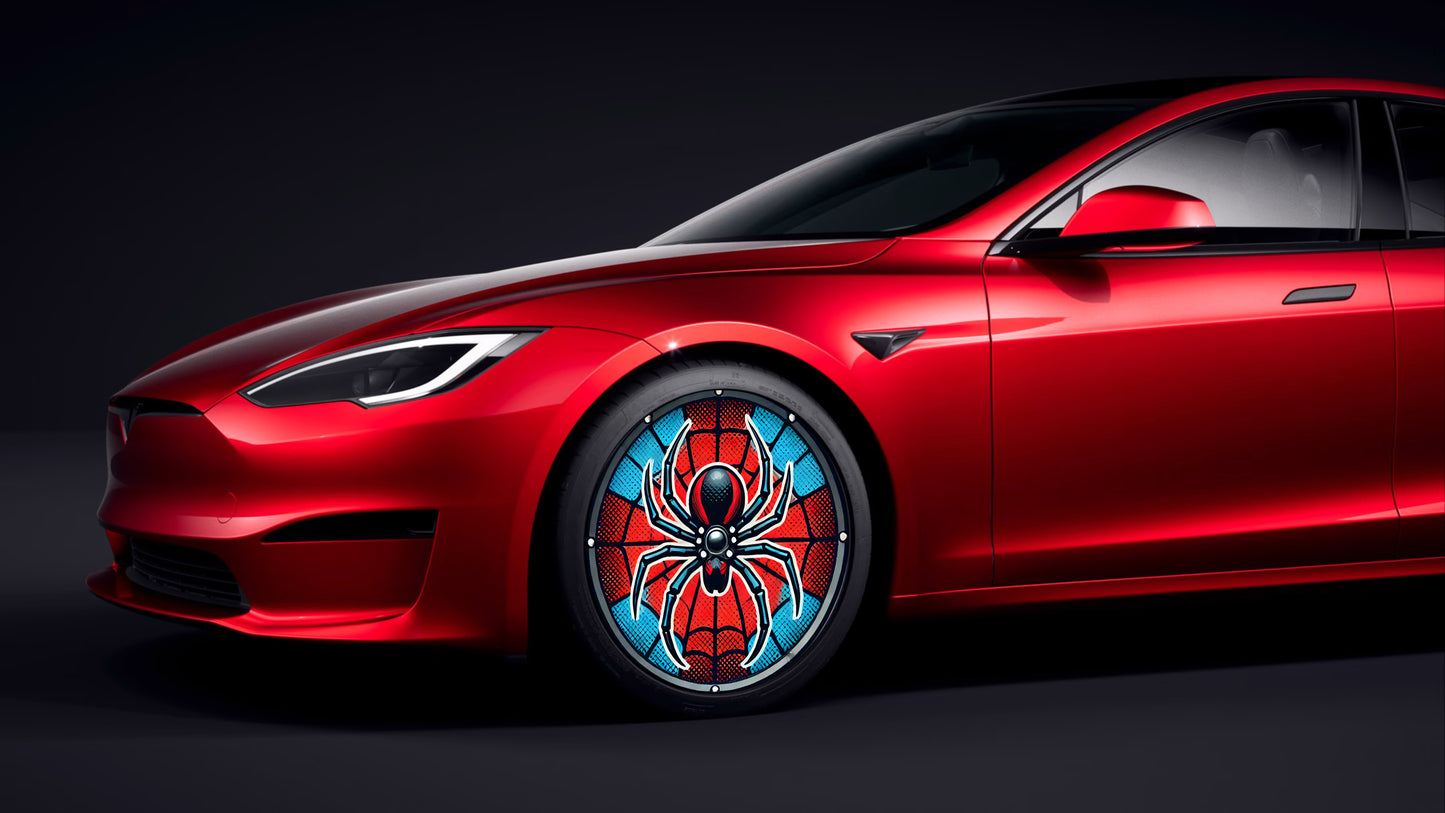 TeslaZip AeroSync Wheel Covers | Model S/3/X/Y Instant Efficiency Upgrade Spider-Man Design 4pc