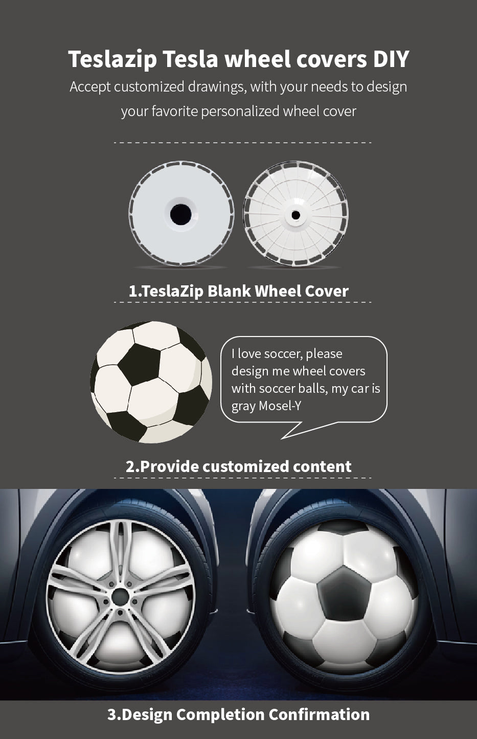 TeslaZip DesignPro Wheel Covers Kit - Customizable Aerodynamic Upgrade Soccer Balls Fans 4pc